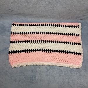 Handmade Crochet Baby Blanket Pink White Black Stripes Lap Throw 29" x 45"
